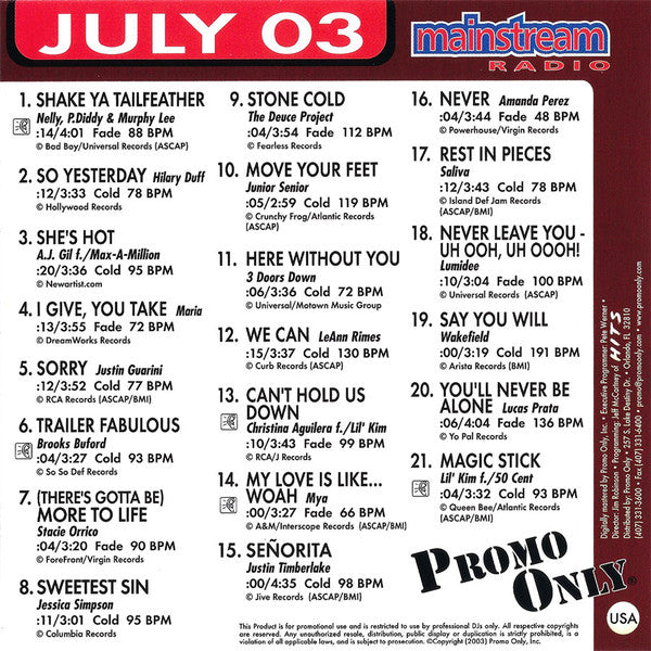 Various : Promo Only Mainstream Radio: July 03 (CD, Comp, Promo)