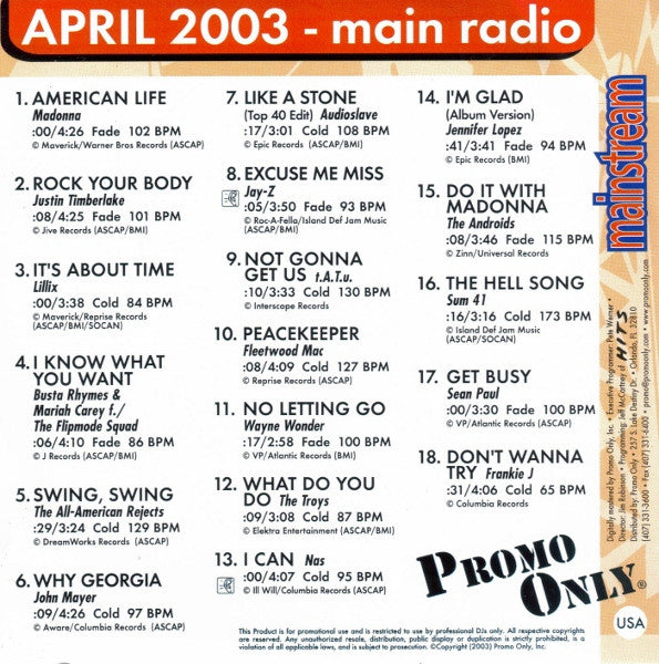 Various : Promo Only Mainstream Radio: April 2003 (CD, Comp, Promo)