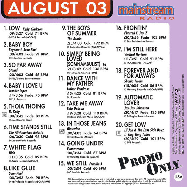 Various : Promo Only Mainstream Radio: August 03 (CD, Comp, Promo)