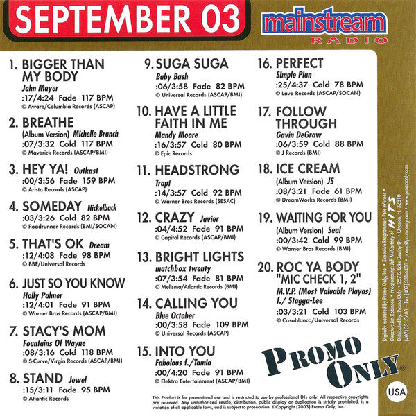 Various : Promo Only Mainstream Radio: September 03 (CD, Comp, Promo)