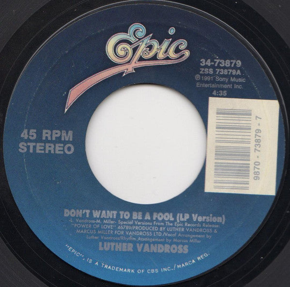 Luther Vandross : Don't Want To Be A Fool (7", Single, Styrene)