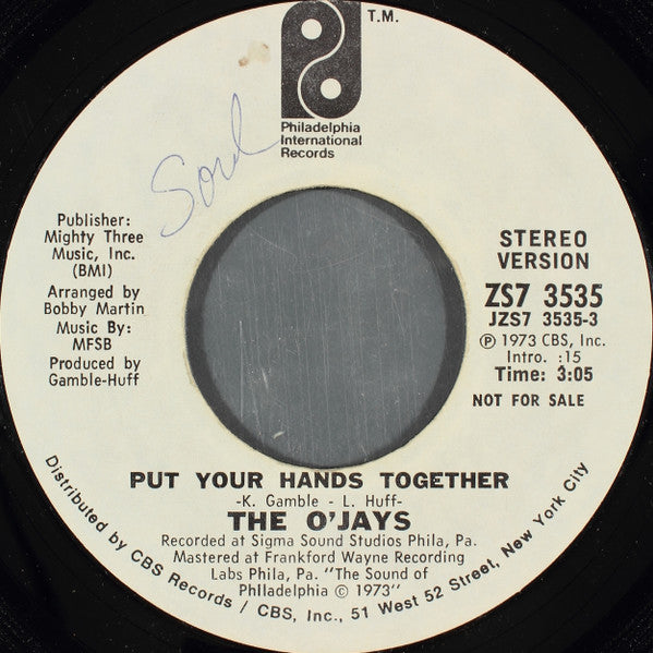 The O'Jays : Put Your Hands Together (7", Mono, Promo)