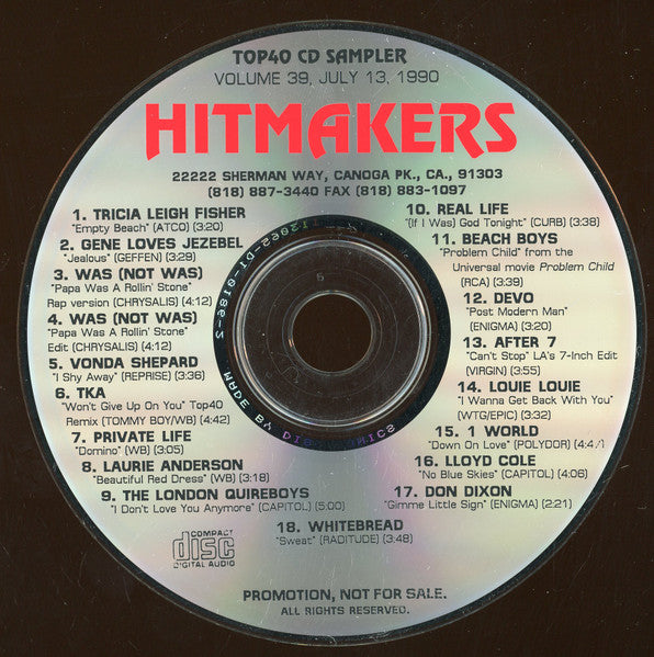 Various : Hitmakers Top 40 CD Sampler Volume 39 July 13, 1990 (CD, Promo, Smplr)