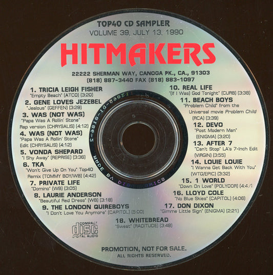 Various : Hitmakers Top 40 CD Sampler Volume 39 July 13, 1990 (CD, Promo, Smplr)