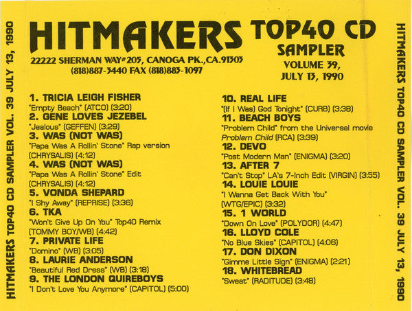 Various : Hitmakers Top 40 CD Sampler Volume 39 July 13, 1990 (CD, Promo, Smplr)