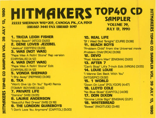 Various : Hitmakers Top 40 CD Sampler Volume 39 July 13, 1990 (CD, Promo, Smplr)