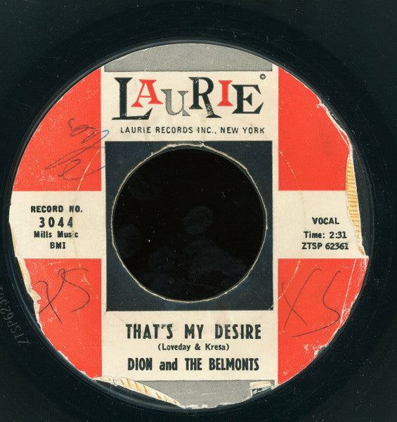 Dion & The Belmonts : Where Or When / That's My Desire (7", Mono, Styrene, She)