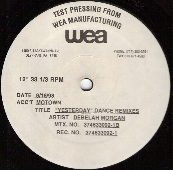 Debelah Morgan : Yesterday (Dance Remixes) (12", TP)