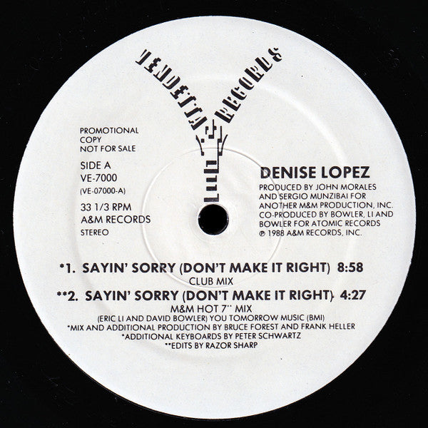 Denise Lopez : Sayin' Sorry (Don't Make It Right) (12", Promo)