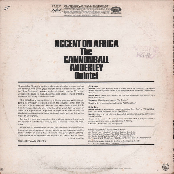 The Cannonball Adderley Quintet : Accent On Africa (LP, Album, Scr)