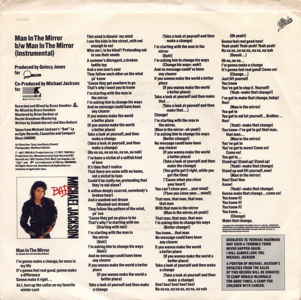 Michael Jackson : Man In The Mirror (7", Single, Promo, Styrene)