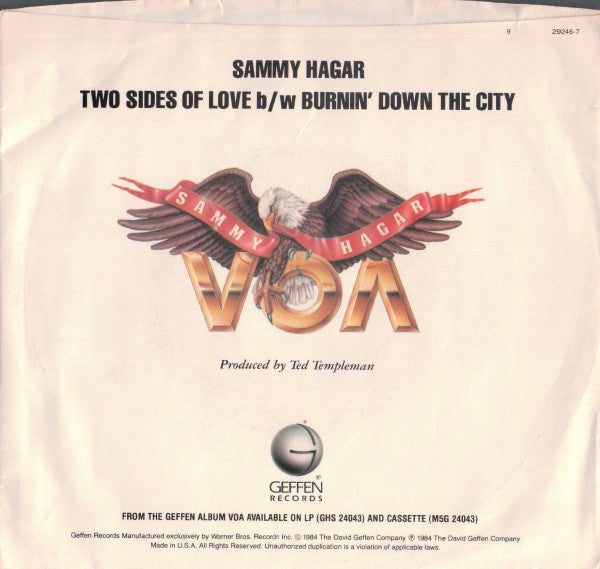 Sammy Hagar : Two Sides Of Love (7", Single, Red)