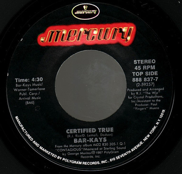 Bar-Kays : Certified True (7", Styrene)