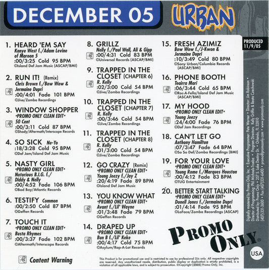 Various : Promo Only Urban Radio: December 2005 (CD, Comp, Promo)