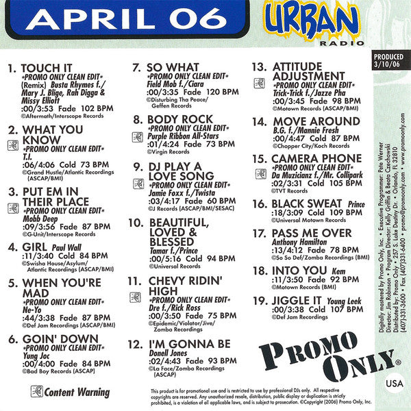 Various : Promo Only Urban Radio - April 2006 (CD, Comp)