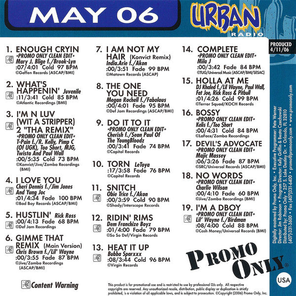 Various : Promo Only Urban Radio (May 2006) (CD, Comp, Promo)