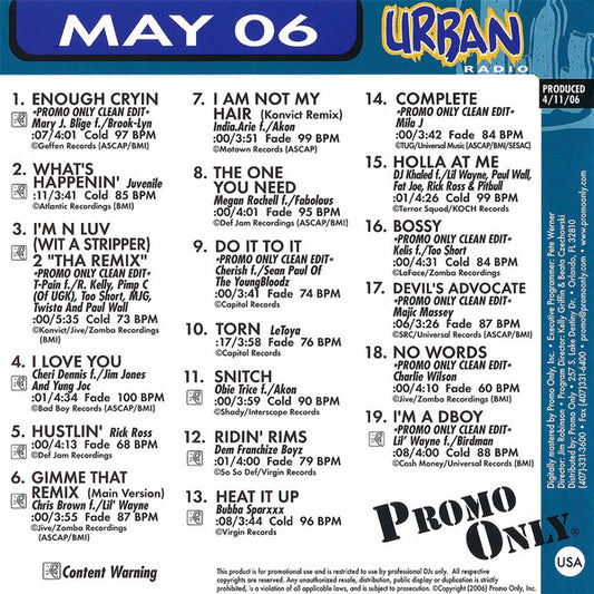 Various : Promo Only Urban Radio (May 2006) (CD, Comp, Promo)