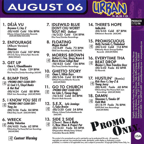 Various : Promo Only Urban Radio: August 2006 (CD, Comp, Promo)