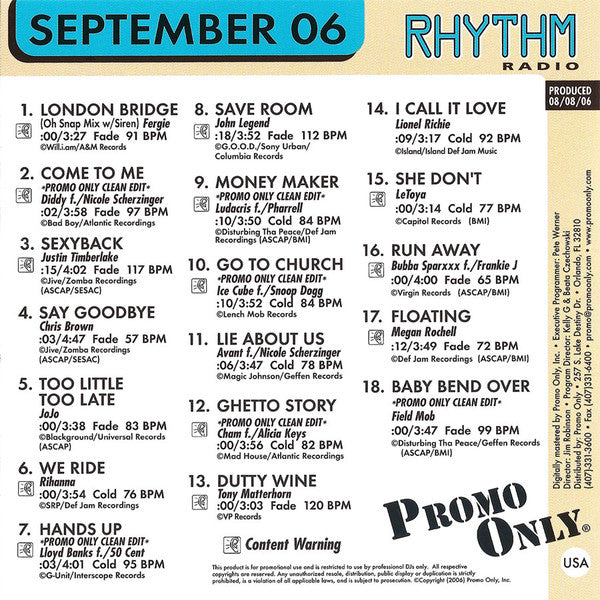 Various : Promo Only Rhythm Radio: September 2006 (CD, Comp, Promo)