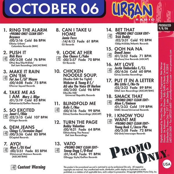 Various : Promo Only Urban Radio: October 2006 (CD, Comp, Promo)