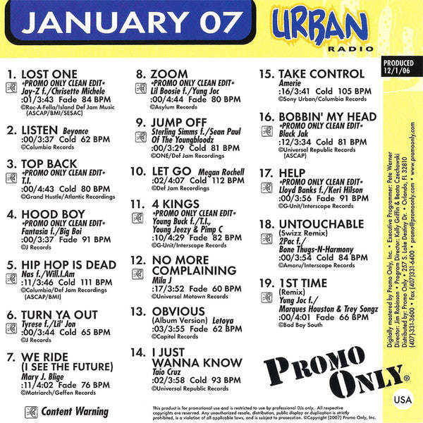 Various : Promo Only Urban Radio: January 2007 (CD, Comp, Promo)