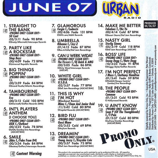 Various : Promo Only Urban Radio (June 2007) (CD, Comp, Promo)