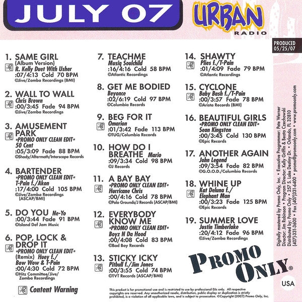 Various : Promo Only Urban Radio: July 2007  (CD, Comp, Promo)