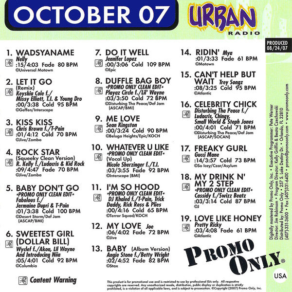 Various : Promo Only Urban Radio: October 2007 (CD, Comp, Promo)