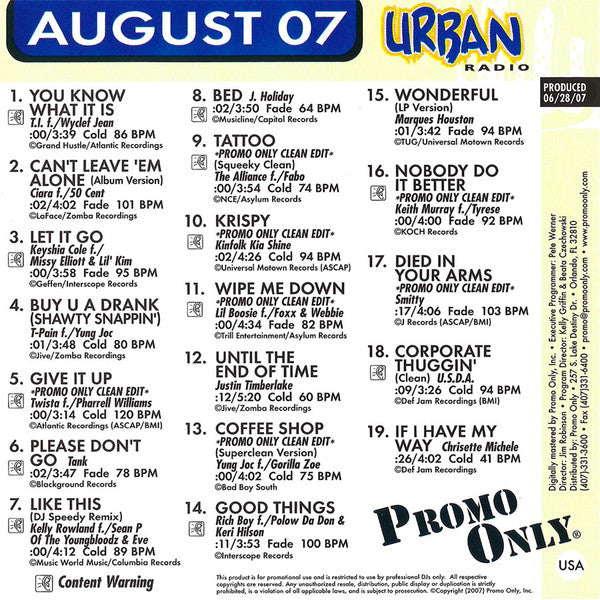 Various : Promo Only Urban Radio: August 2007 (CD, Comp, Promo)