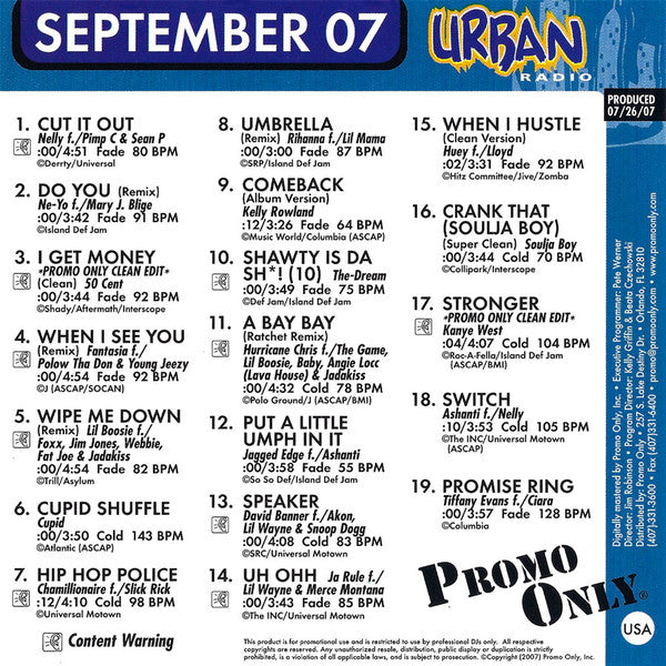 Various : Promo Only Urban Radio (September 2007) (CD, Comp, Promo)
