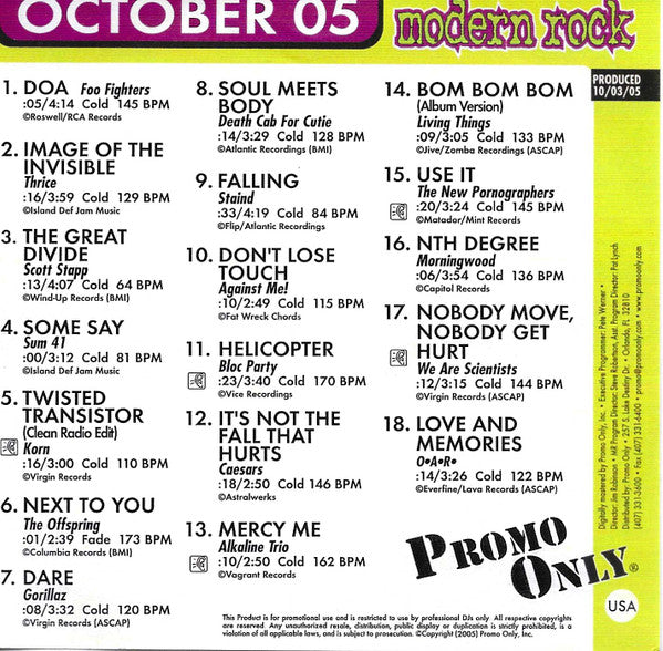 Various : Promo Only Modern Rock Radio: October 05 (CD, Comp, Promo)