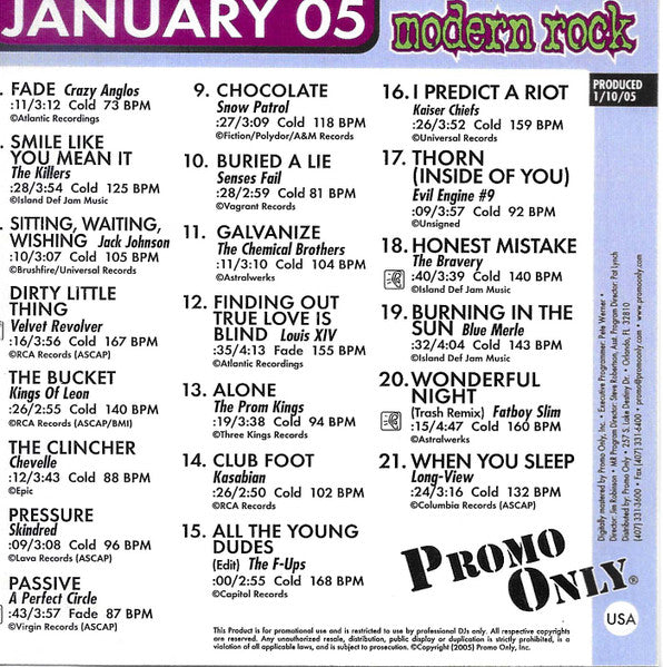 Various : Promo Only Modern Rock Radio: January 2005 (CD, Comp, Promo)