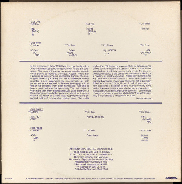 Anthony Braxton : Alto Saxophone Improvisations 1979 (2xLP, Album)