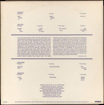 Anthony Braxton : Alto Saxophone Improvisations 1979 (2xLP, Album)