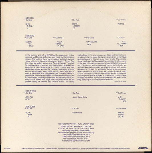 Anthony Braxton : Alto Saxophone Improvisations 1979 (2xLP, Album)