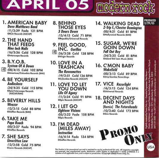 Various : Promo Only Modern Rock Radio: April 2005 (CD, Comp, Promo)