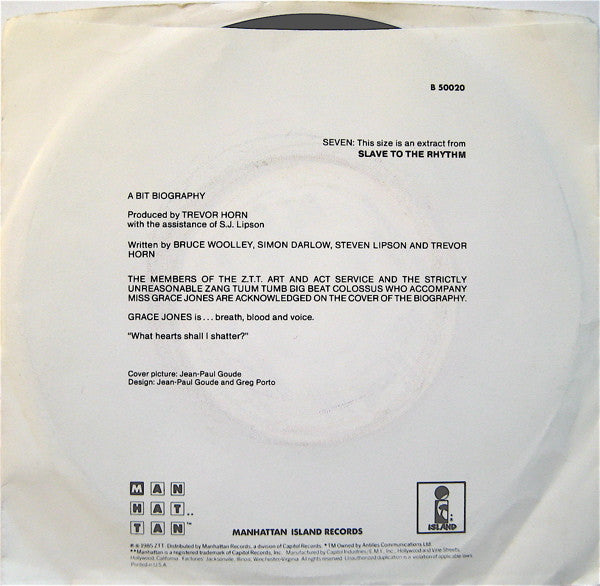 Grace Jones : Slave To The Rhythm (7")