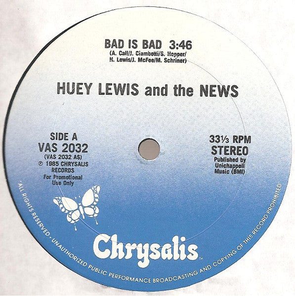 Huey Lewis & The News : Bad Is Bad (12", Promo)