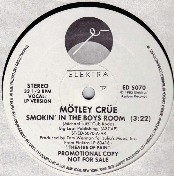 Mötley Crüe : Smokin' In The Boys Room (12", Promo)