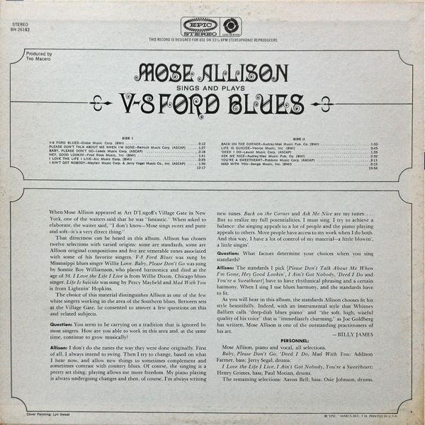 Mose Allison : Sings And Plays V-8 Ford Blues (LP, Album, RE)