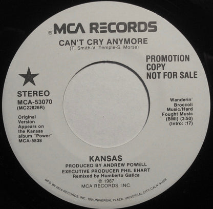 Kansas (2) : Can't Cry Anymore (7", Promo, Pin)