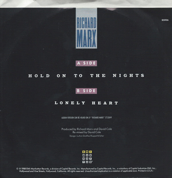 Richard Marx : Hold On To The Nights (7", Spe)