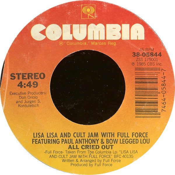 Lisa Lisa & Cult Jam With Full Force : All Cried Out (7", Single, Styrene, Pit)