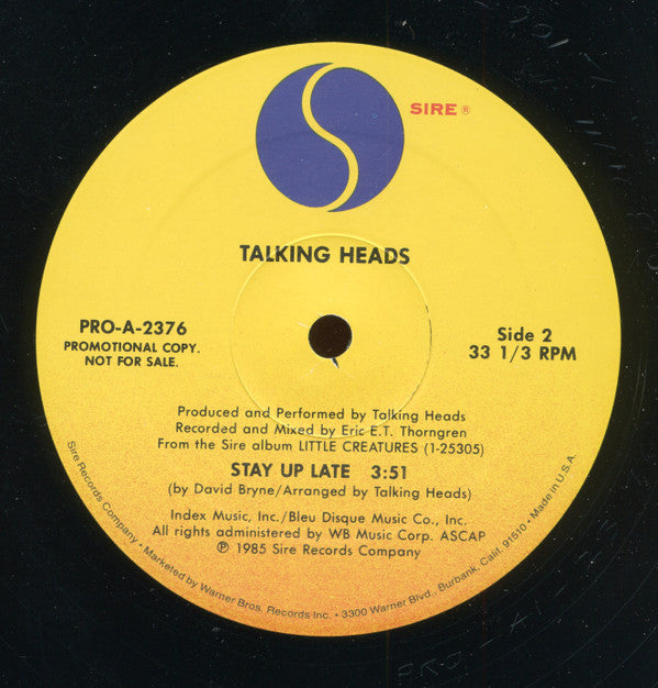 Talking Heads : Stay Up Late (12", Single, Promo)