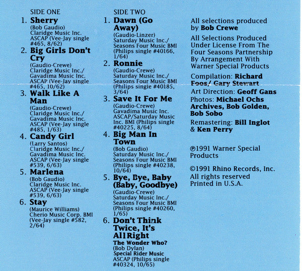 Frankie Valli & The Four Seasons : Greatest Hits, Vol.1 (Cass, Comp, SR,)