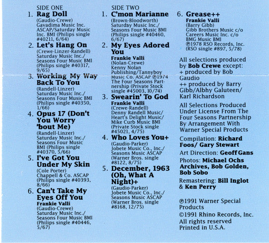 Frankie Valli & The Four Seasons : Greatest Hits, Volume 2 (Cass, Comp, SR,)