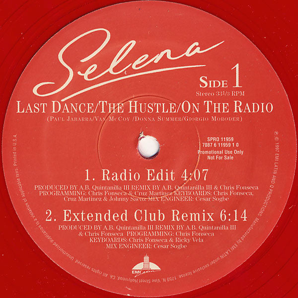 Selena : Last Dance/The Hustle/On The Radio (12", Promo, Red)