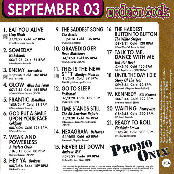 Various : Promo Only Modern Rock Radio: September 2003 (CD, Comp, Promo)