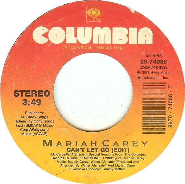 Mariah Carey : Can't Let Go (7", Single, Styrene, Car)