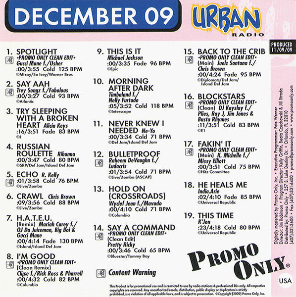 Various : Promo Only Urban Radio: December 09 (CD, Comp, Promo)